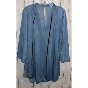 Uncle Frank Blue Chambray Tunic Top 3/4 Ruffle Sleeves Collared V Neck Small